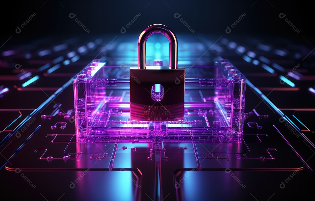 Ícone de cadeado digital, rede de segurança cibernética e tecnologia de proteção de dados na interface virtual