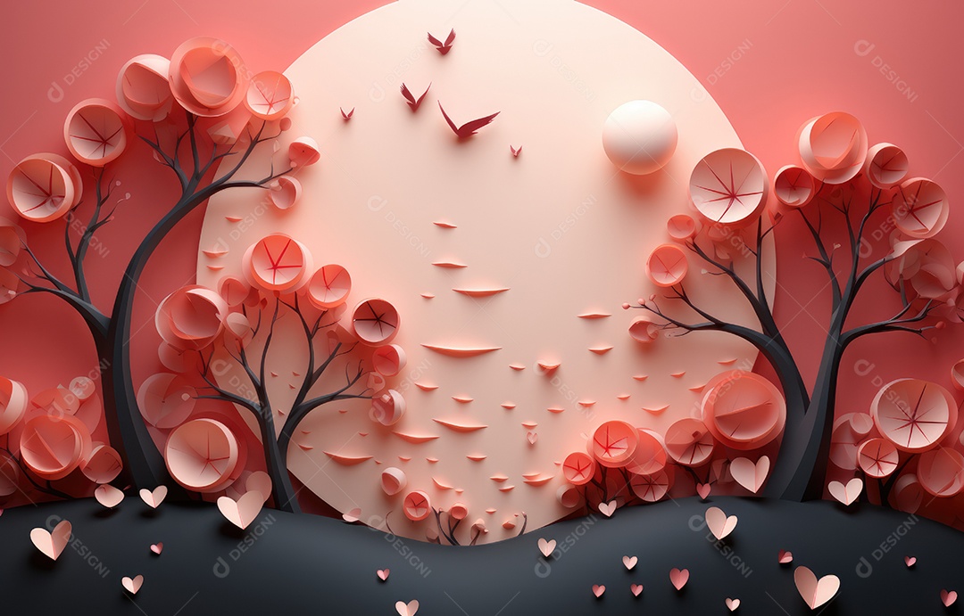 Fundo do conceito de dia dos namorados. Corações vermelhos 3D e flores de corte de papel. Banner ou cartão de venda de amor fofo