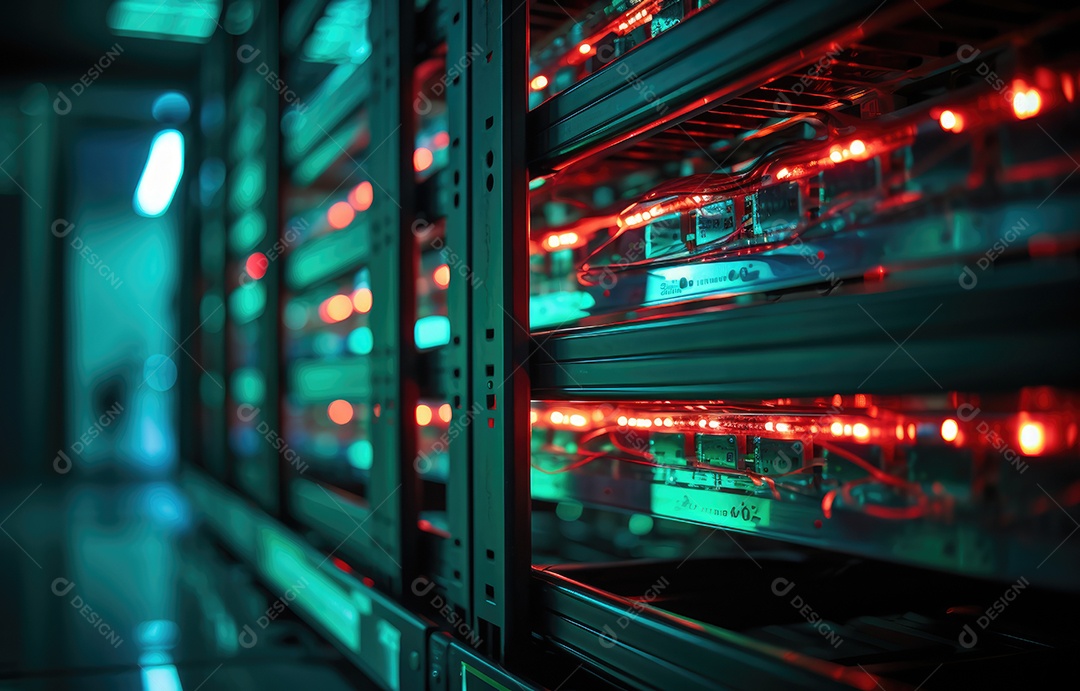 Racks de servidores no data center da sala de servidores de segurança de rede de computadores.