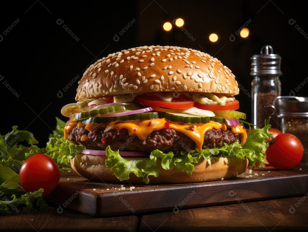 Hambúrguer delicioso sobre uma mesa de madeira