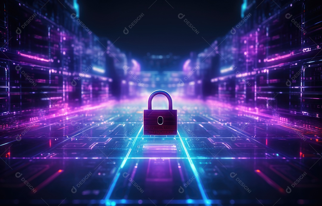 Ícone de cadeado digital, rede de segurança cibernética e tecnologia de proteção de dados na interface virtual