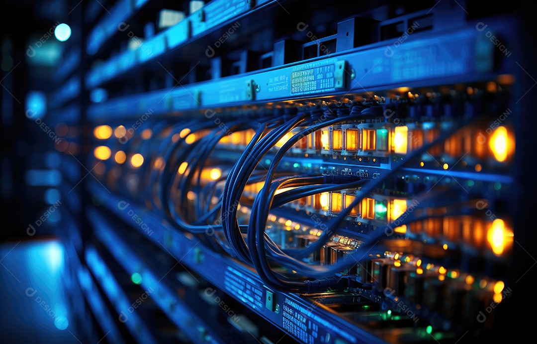 Racks de servidores no data center da sala de servidores de segurança de rede de computadores.