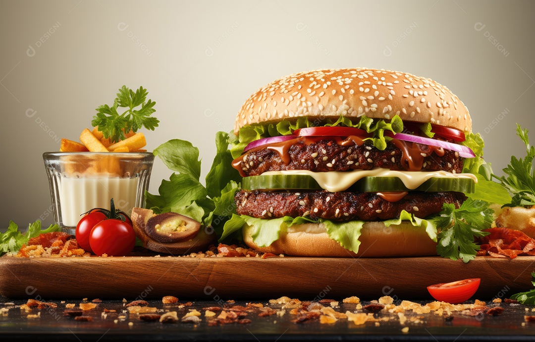 Hambúrguer delicioso sobre uma mesa de madeira