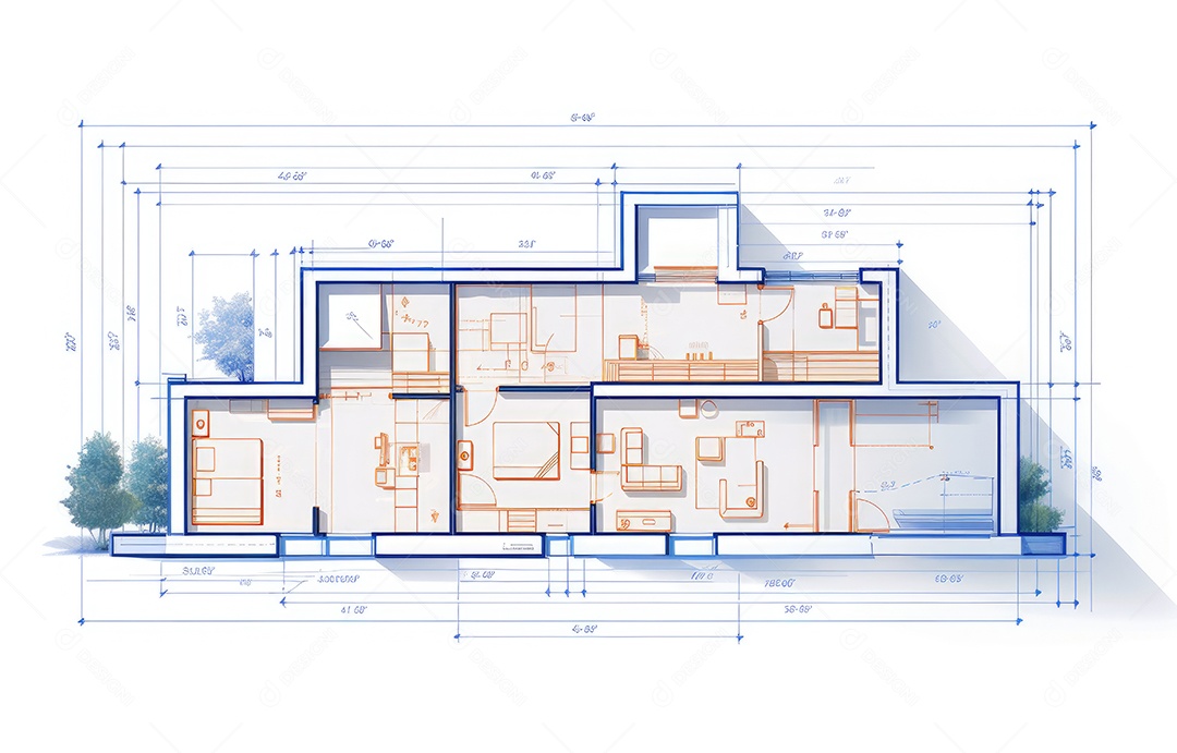 Design de interiores, projeto de casa e linha de plano de arquitetura de casa.