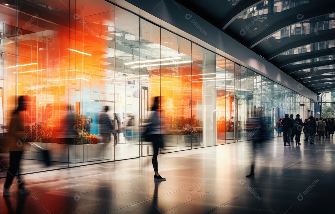 Efeito de desfoque de movimento, cena movimentada de shopping center, diversas pessoas com sacolas coloridas, arquitetura moderna