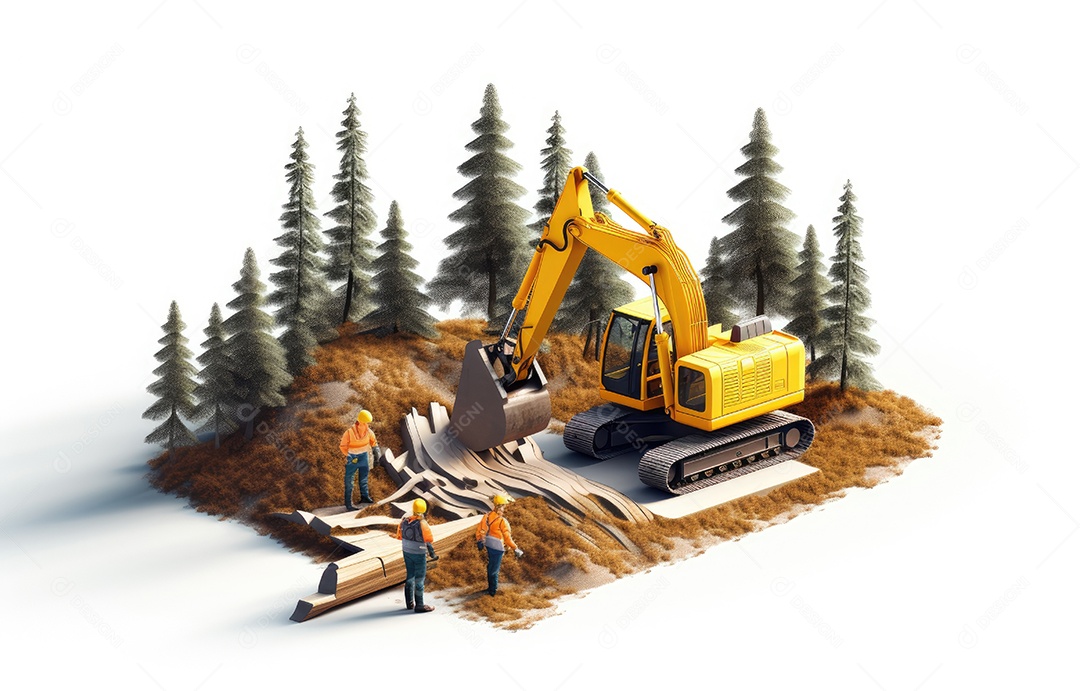 Conceito de desenvolvimento de terras limpeza de retroescavadeira em floresta isométrica e engenheiro trabalhando com trabalhador