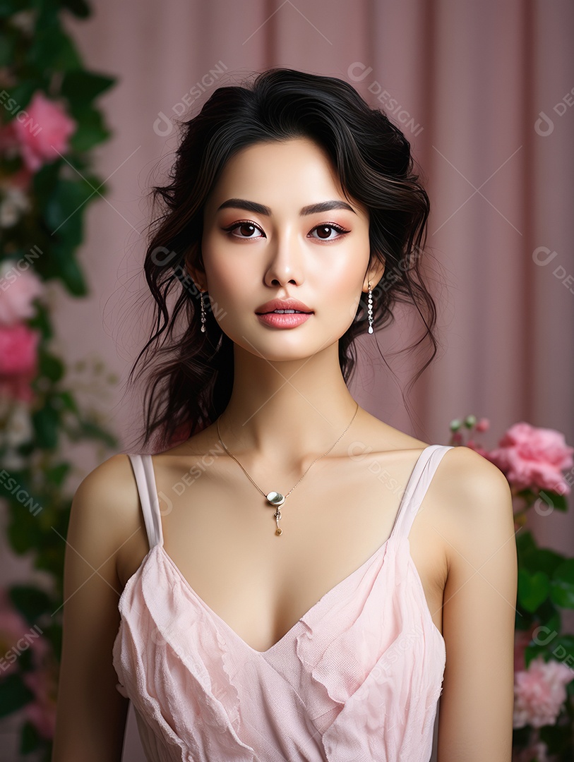 Fotografia de retrato de jovem mulher de beleza asiática com estilo de maquiagem coreano.