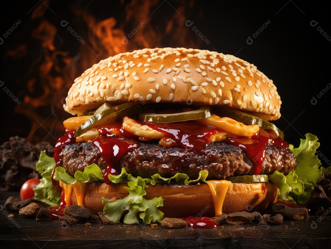 Cheeseburger ou hambúrguer, sobre fundo de madeira. Comida rápida