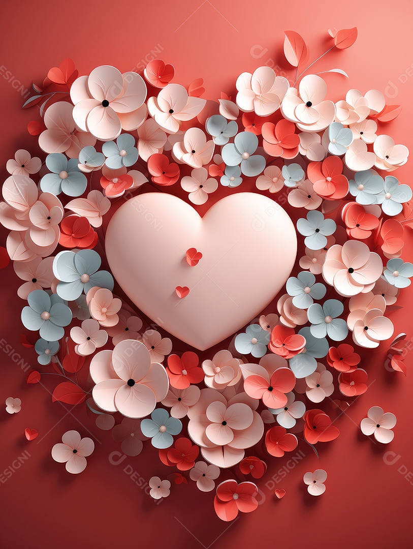 Fundo do conceito de dia dos namorados. Corações vermelhos 3D e flores de corte de papel.