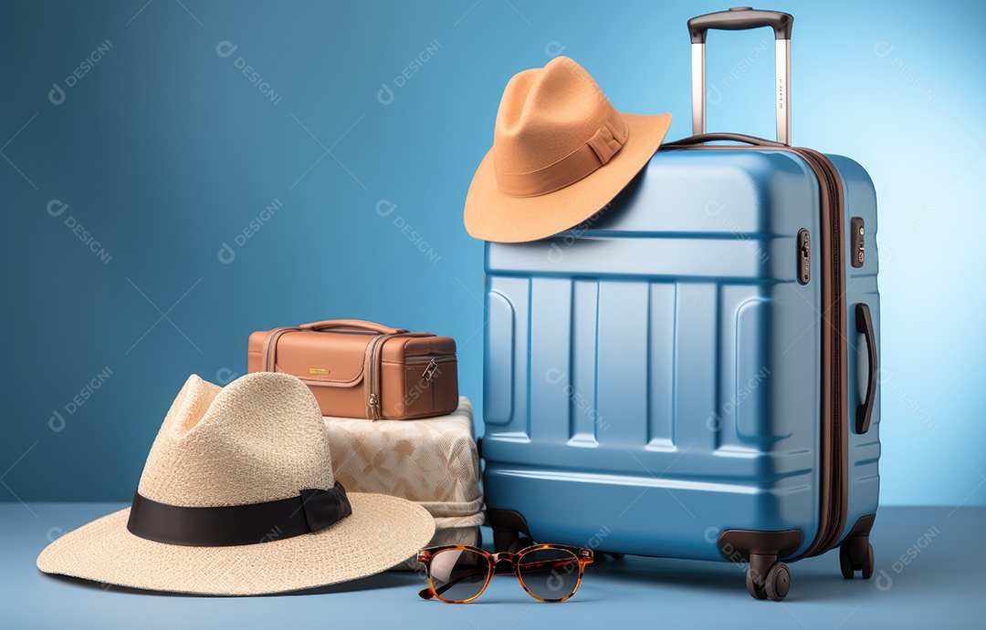Itens essenciais de viagem bem organizados, uma mala azul vibrante, óculos de sol da moda, um chapéu chique e uma câmera clássica