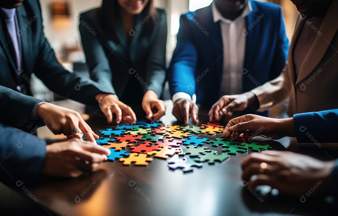 Foto dinâmica de uma equipe diversificada de escritório resolvendo colaborativamente um quebra-cabeça grande e complexo, metáfora para superar desafios de carreira