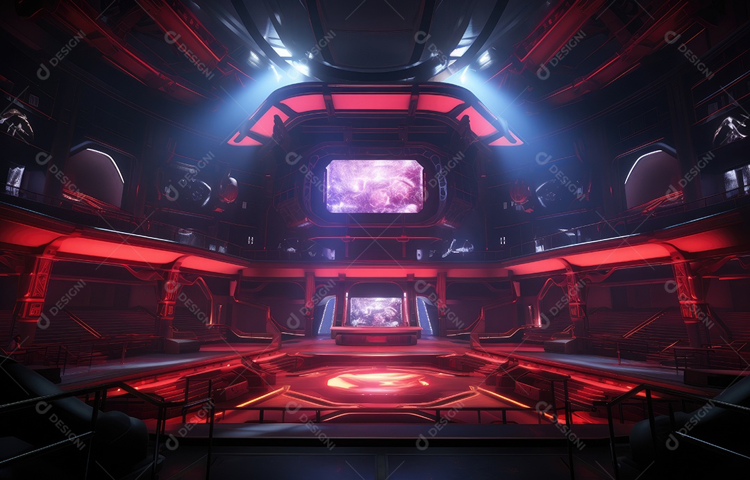 Show na arena esportiva, cenário Glow com palco central de jogos, assentos para o público, iluminação dinâmica, telas gigantes exibindo jogos ao vivo