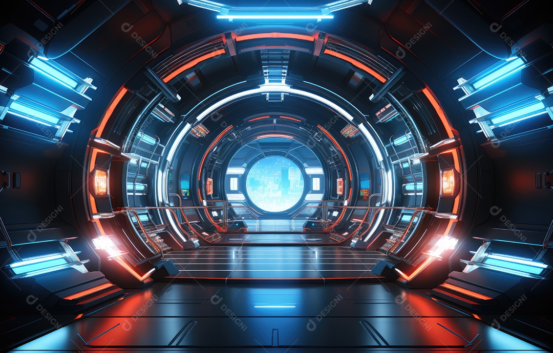 Interior futurista da estação espacial, superfícies metálicas elegantes, painéis de tecnologia avançada