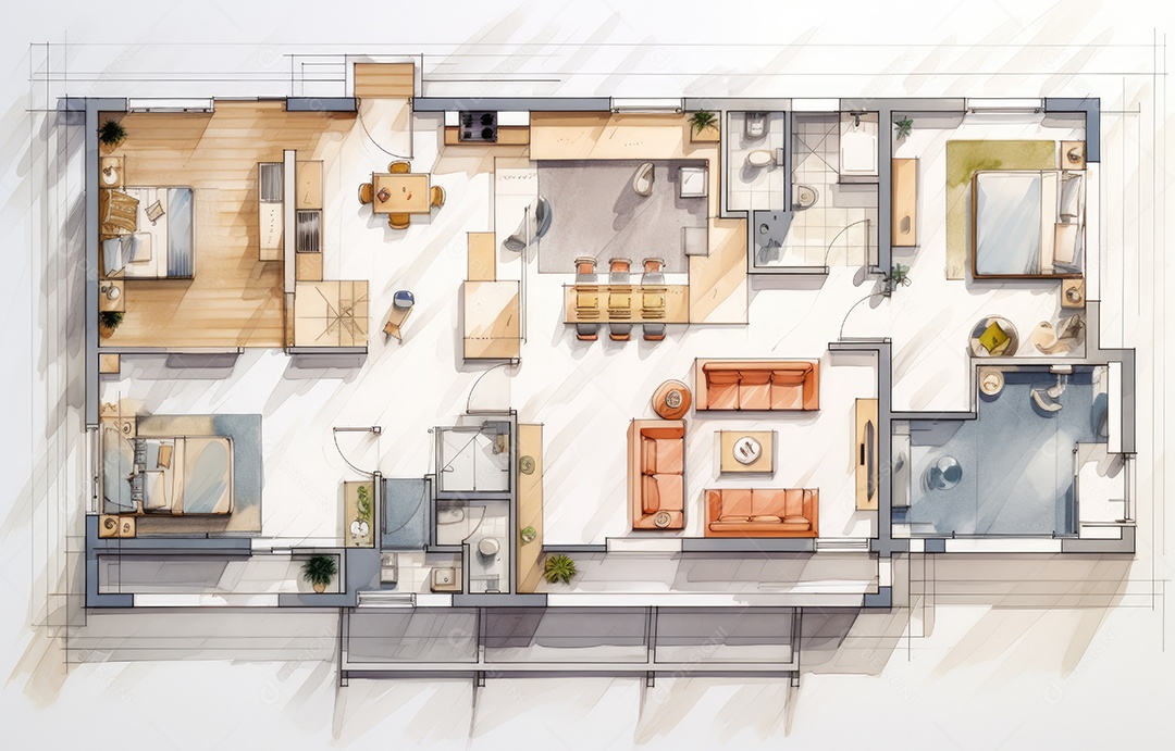 Plano de paisagismo com vista superior com casa, uma casa particular com cozinha, quartos, sala de estar, sala de jantar, banheiro e móveis