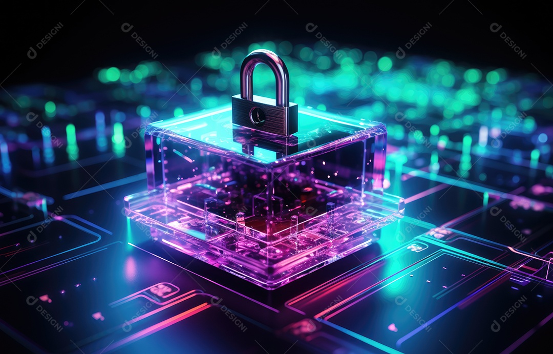 Ícone de cadeado digital, rede de segurança cibernética e tecnologia de proteção de dados na interface virtual