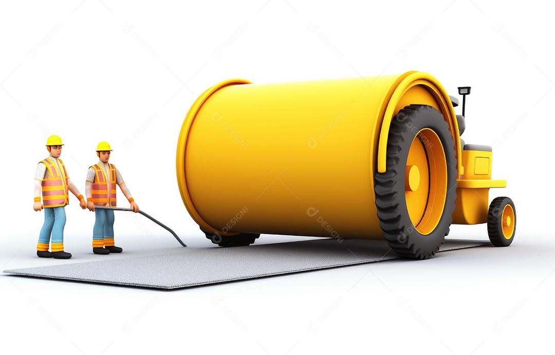 Engenheiro de construção de estradas trabalha com trabalhador e rolo de tambor duplo amarelo