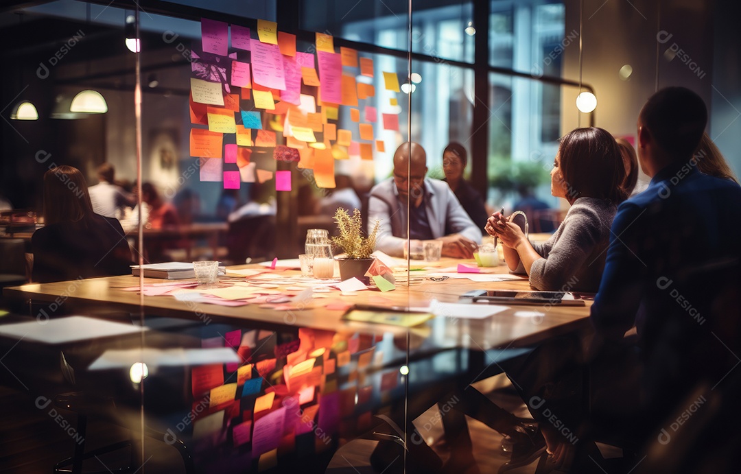 Pessoas de negócios que se reúnem no escritório e usam post-its para compartilhar ideias.