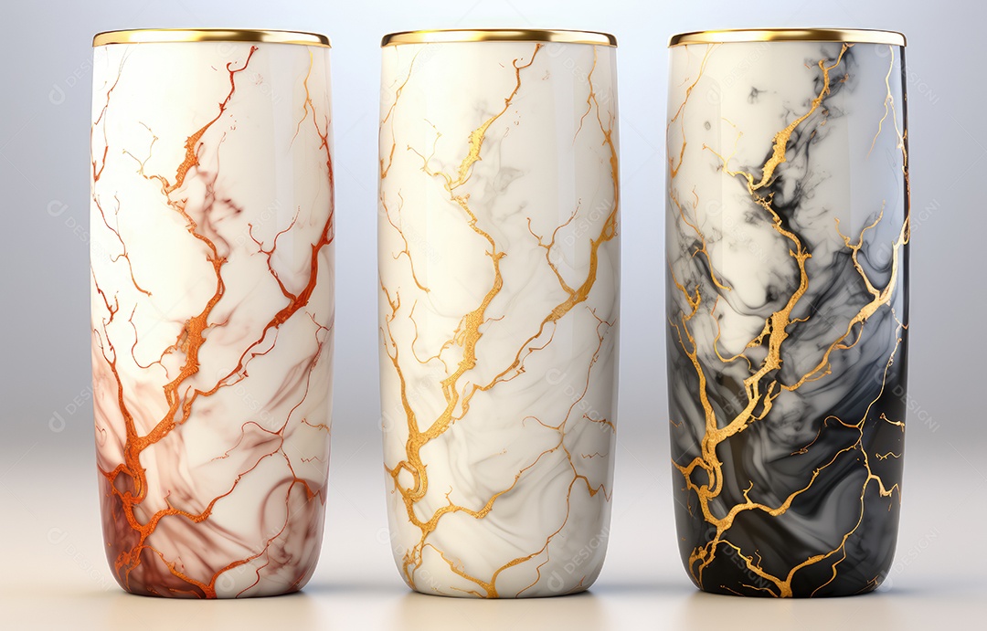 Embalagem de copo metálico realista com padrão de pedra de mármore no fundo branco.