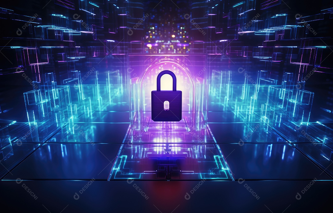 Ícone de cadeado digital, rede de segurança cibernética e tecnologia de proteção de dados na interface virtual