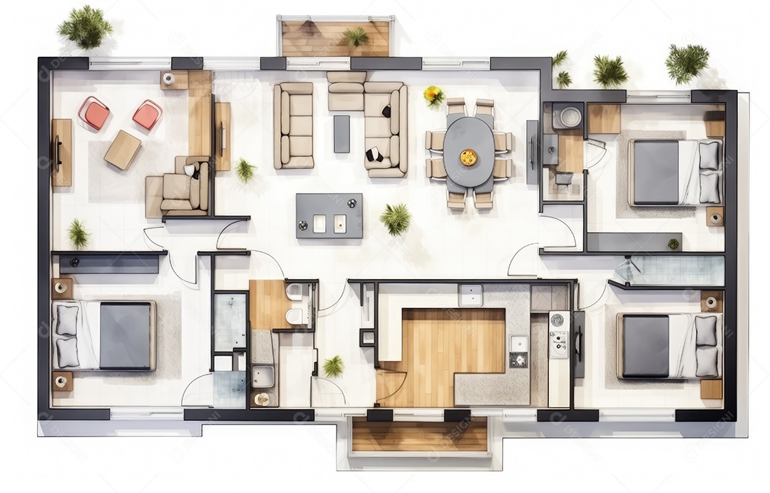 Plano de paisagismo com vista superior com casa, uma casa particular com cozinha, quartos, sala de estar, sala de jantar, banheiro e móveis