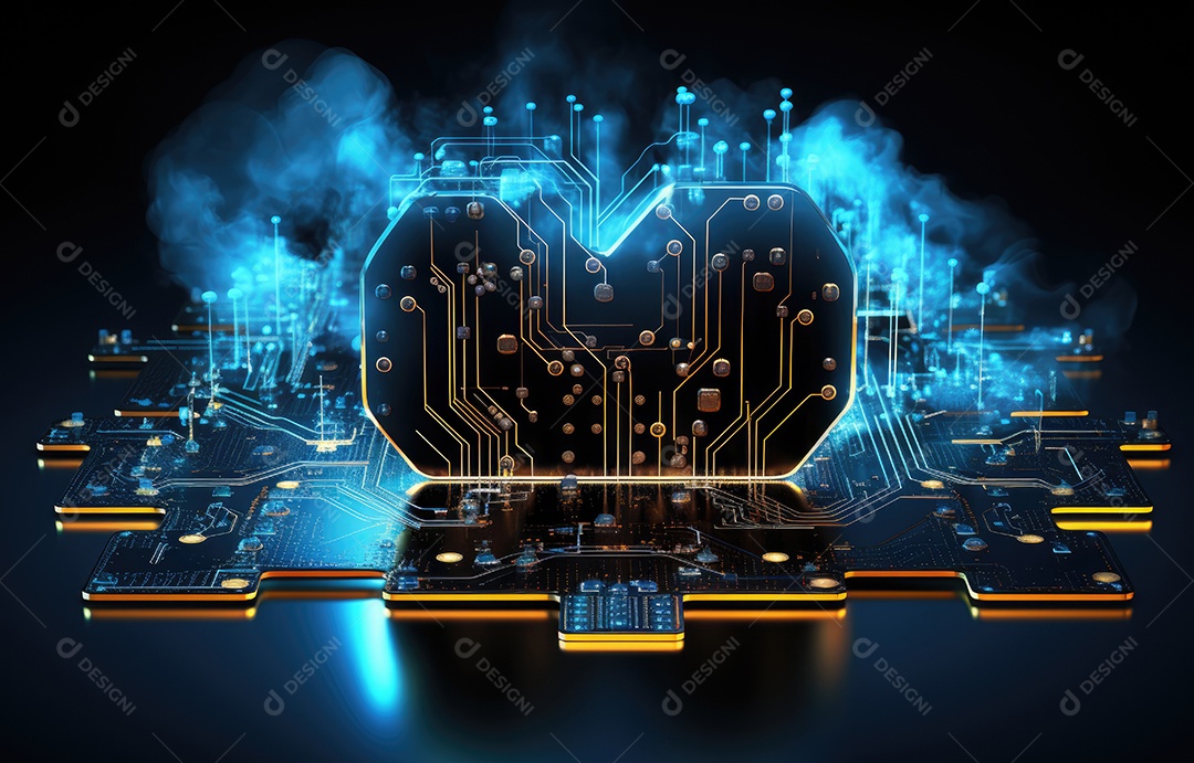 Visualize uma rede avançada de computação em nuvem, com um símbolo de nuvem etéreo e luminoso interconectado com uma placa de circuito futurística