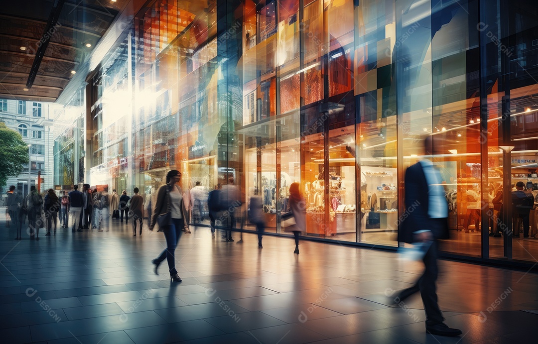 Efeito de desfoque de movimento, cena movimentada de shopping center, diversas pessoas com sacolas coloridas, arquitetura moderna