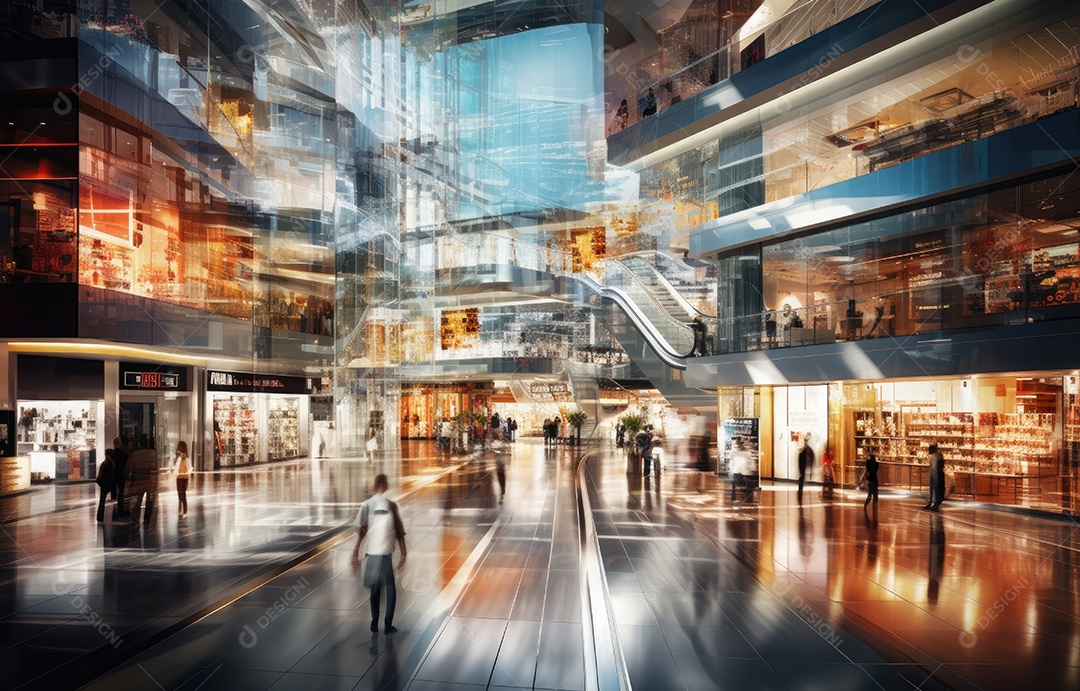 Efeito de desfoque de movimento, cena movimentada de shopping center, diversas pessoas com sacolas coloridas, arquitetura moderna