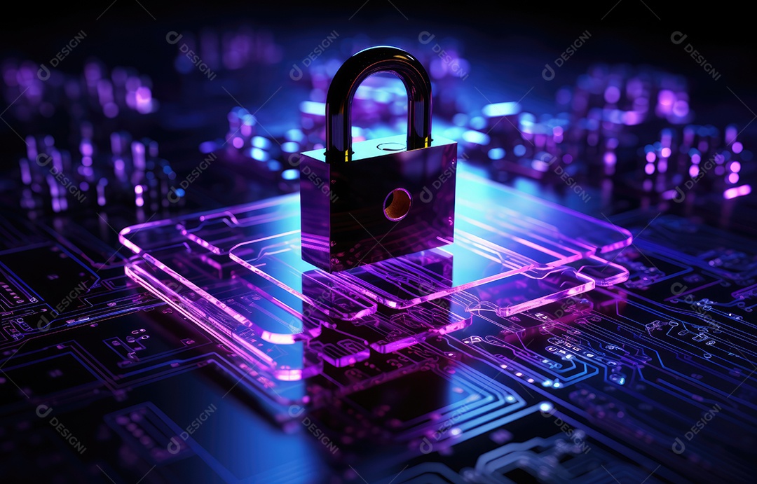 Ícone de cadeado digital, rede de segurança cibernética e tecnologia de proteção de dados na interface virtual