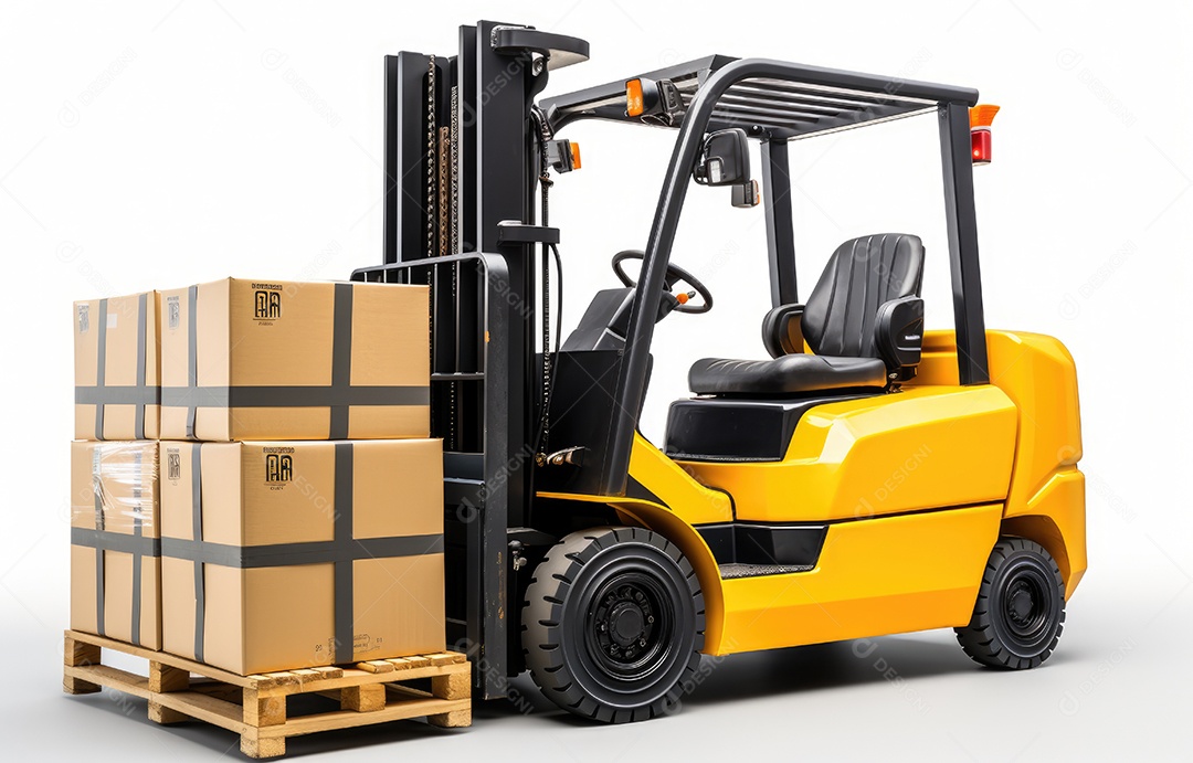 Empilhadeira em fundo branco isolado.