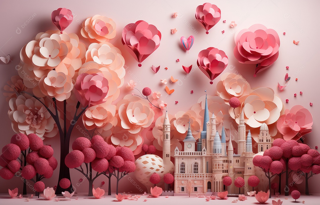 Corte de papel de Feliz Dia dos Namorados, coração com formato de coração de papel origami em fundo de cor pastel para cartão de felicitações