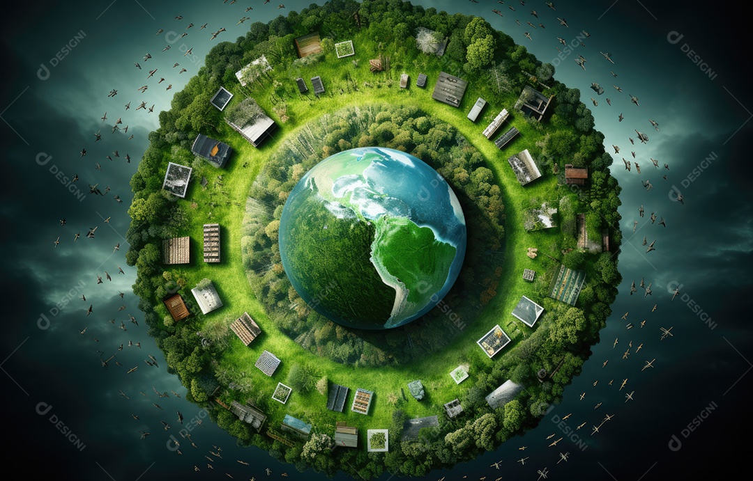 O globo verde com ícones de economia circular, economia para o crescimento futuro dos negócios e meio ambiente sustentável