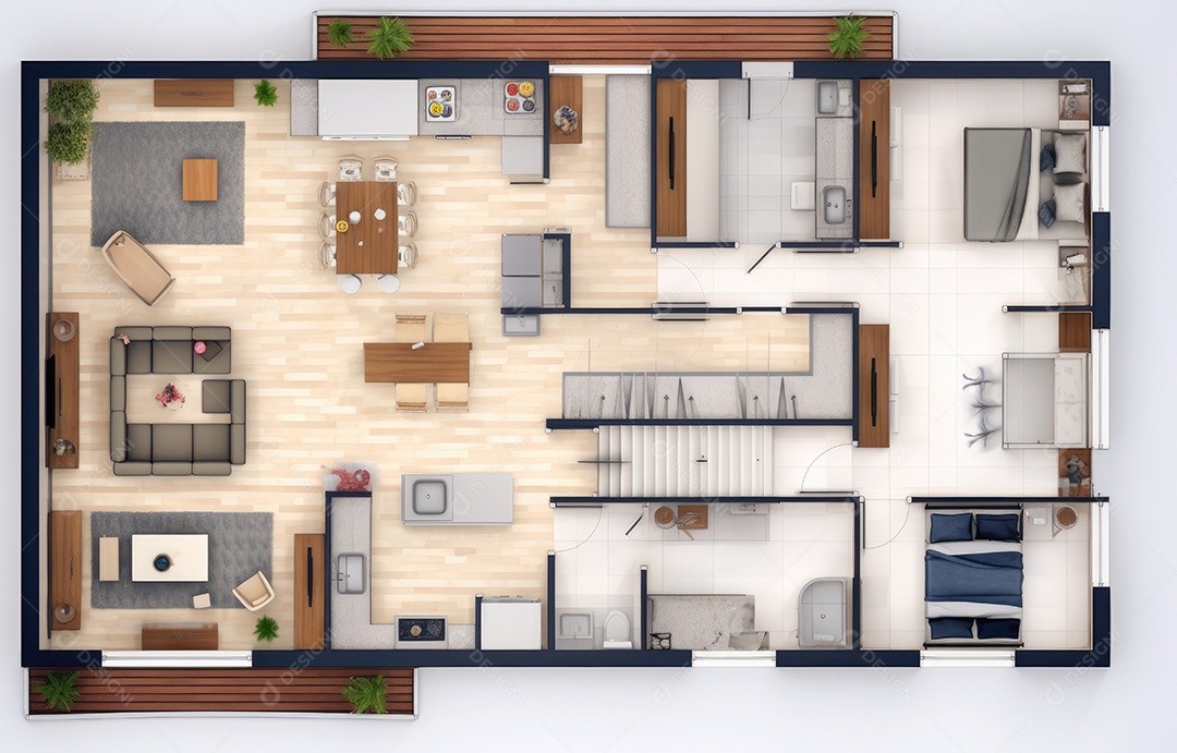 Plano de paisagismo com vista superior com casa, uma casa particular com cozinha, quartos, sala de estar, sala de jantar, banheiro e móveis