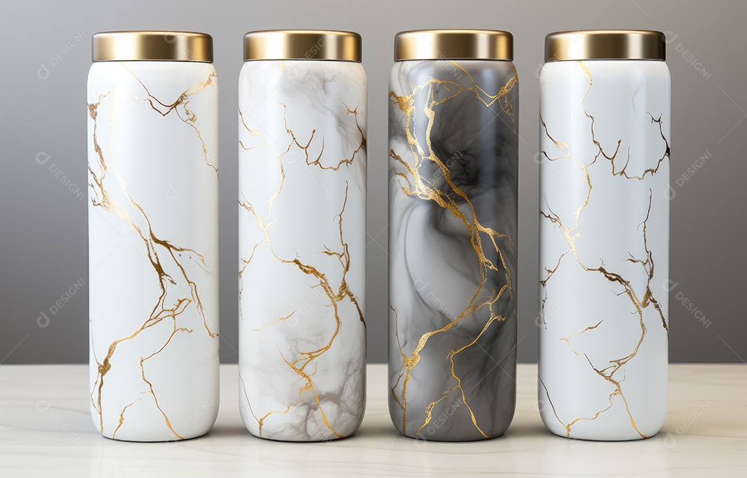 Embalagem de copo metálico realista com padrão de pedra de mármore no fundo branco.