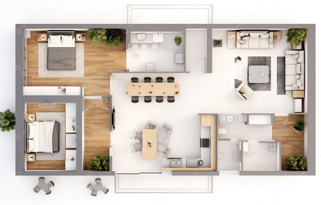 Plano de paisagismo com vista superior com casa, uma casa particular com cozinha, quartos, sala de estar, sala de jantar, banheiro e móveis