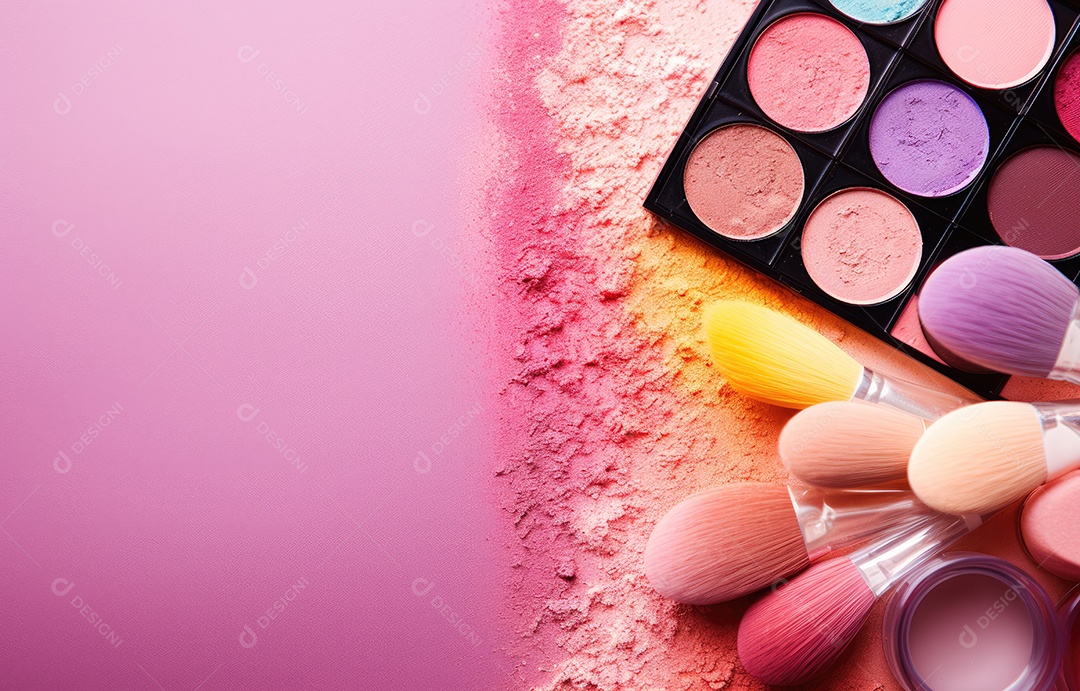 Uma bolsa de maquiagem rosa com produtos cosméticos de beleza espalhados sobre um fundo de cor pastel