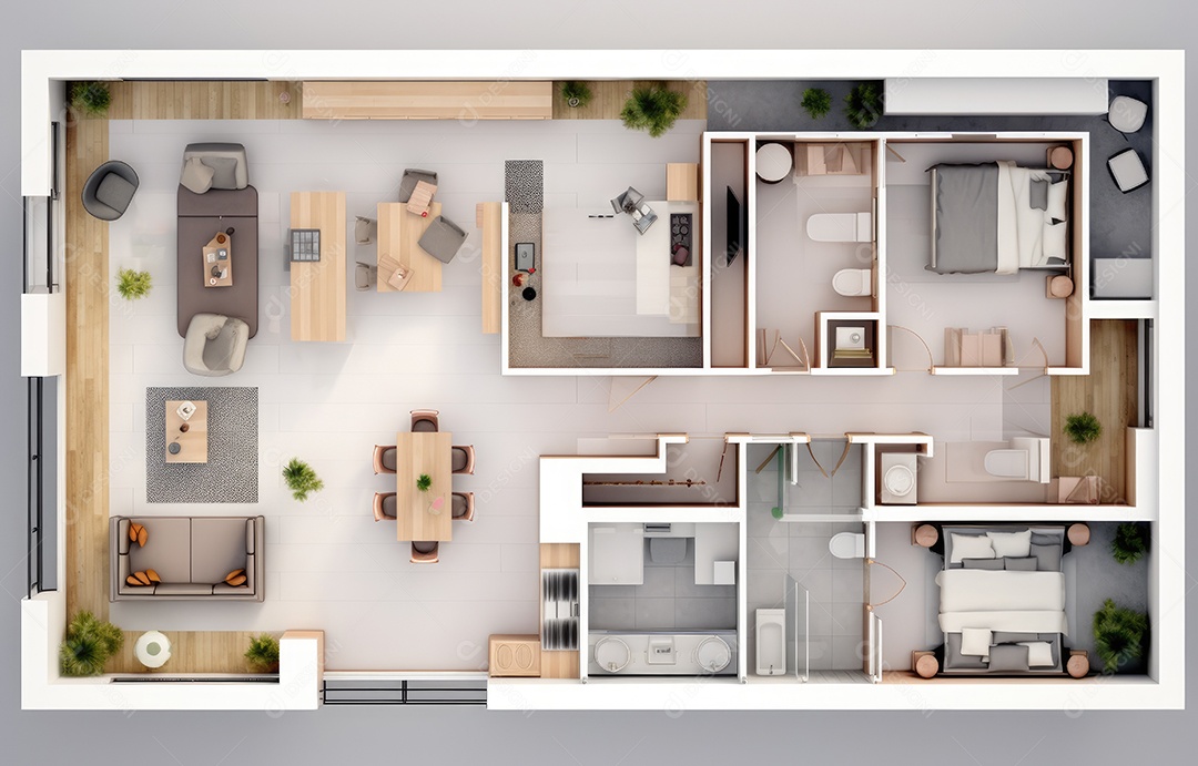 Plano de paisagismo com vista superior com casa, uma casa particular com cozinha, quartos, sala de estar, sala de jantar, banheiro e móveis