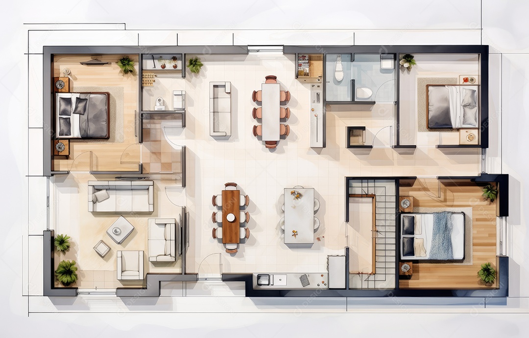 Plano de paisagismo com vista superior com casa, uma casa particular com cozinha, quartos, sala de estar, sala de jantar, banheiro e móveis