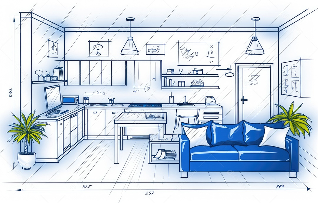 Design de interiores, projeto de casa e linha de plano de arquitetura de casa.