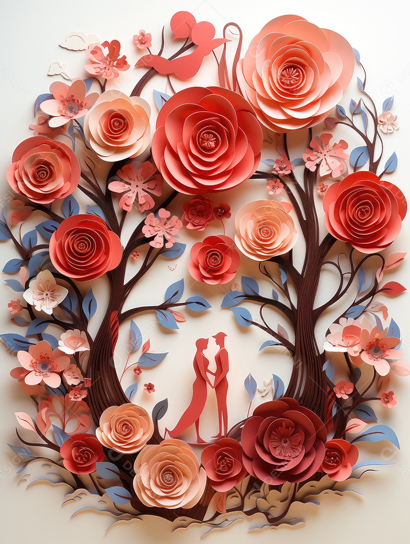 Fundo do conceito de dia dos namorados. Corações vermelhos 3D e flores de corte de papel