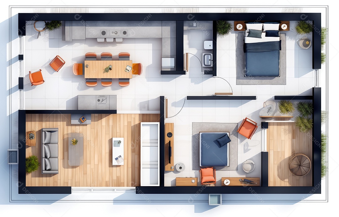 Plano de paisagismo com vista superior com casa, uma casa particular com cozinha, quartos, sala de estar, sala de jantar, banheiro e móveis