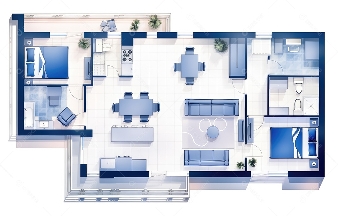Planta arquitetônica de uma casa. Desenho da casa de campo com disposição dos móveis.