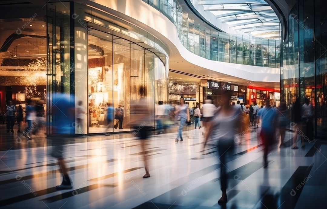 Efeito de desfoque de movimento, cena movimentada de shopping, diversas pessoas com sacolas coloridas, arquitetura moderna