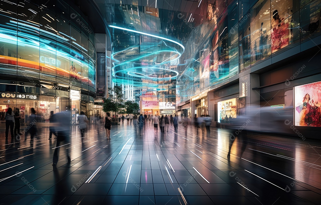 Efeito de desfoque de movimento, cena movimentada de shopping center, diversas pessoas com sacolas coloridas, arquitetura moderna
