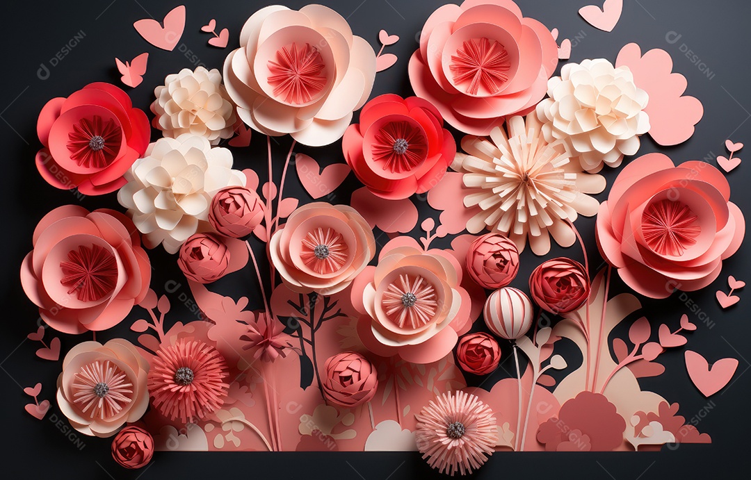 Feliz dia dos namorados saudação fundo em estilo realista de corte de papel. Corações de papel e realistas.