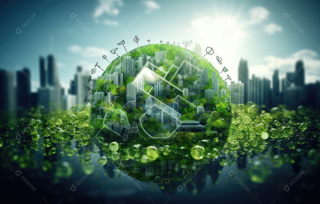 O globo verde com ícones de economia circular, economia para o crescimento futuro dos negócios e meio ambiente sustentável