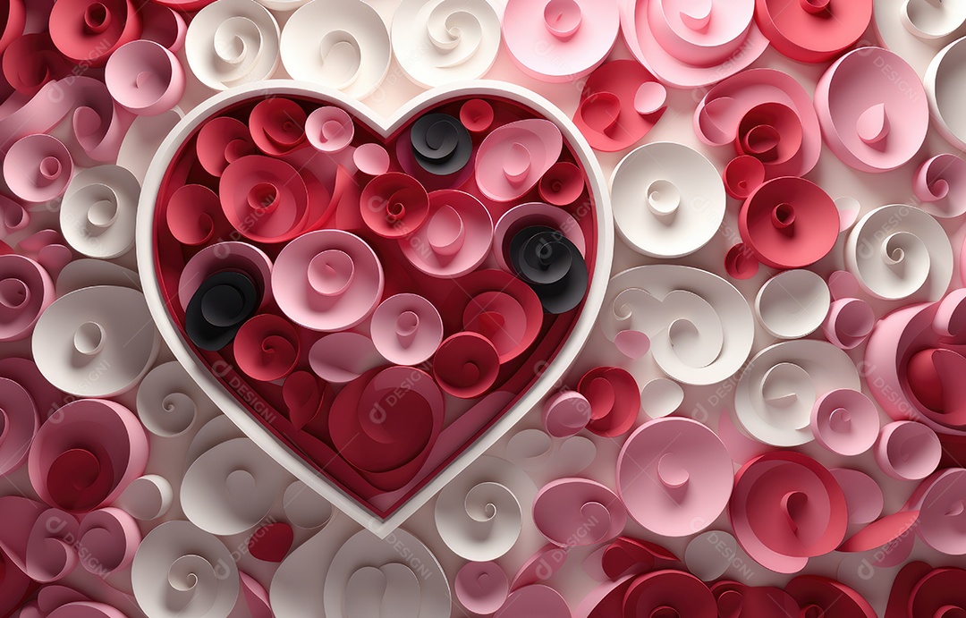 Fundo do conceito de dia dos namorados. Corações vermelhos 3D e flores de corte de papel