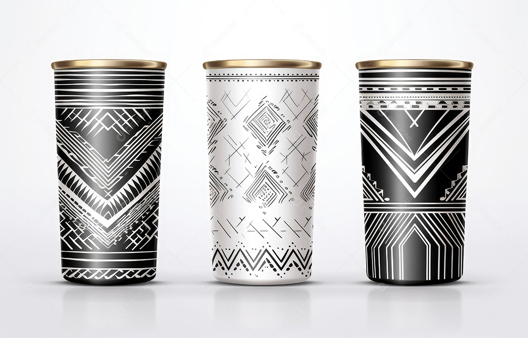Embalagem de copo metálico realista com padrão étnico em fundo branco. Conceito de comida e bebida Design de conceito de produto.
