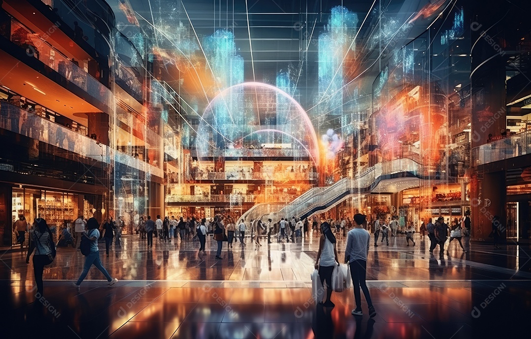 Efeito de desfoque de movimento, cena movimentada de shopping center, diversas pessoas com sacolas coloridas, arquitetura moderna