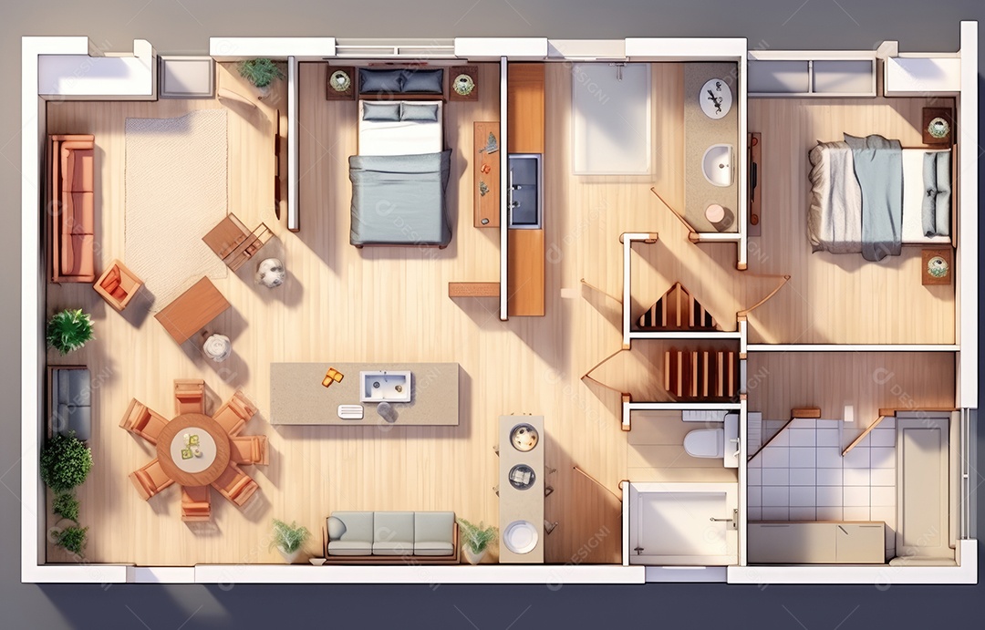 Plano de paisagismo com vista superior com casa, uma casa particular com cozinha, quartos, sala de estar, sala de jantar, banheiro e móveis