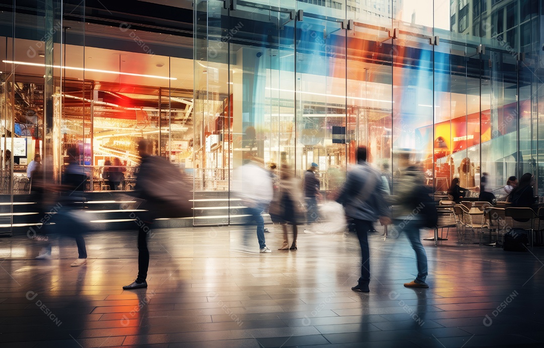 Efeito de desfoque de movimento, cena movimentada de shopping center, diversas pessoas com sacolas coloridas, arquitetura moderna